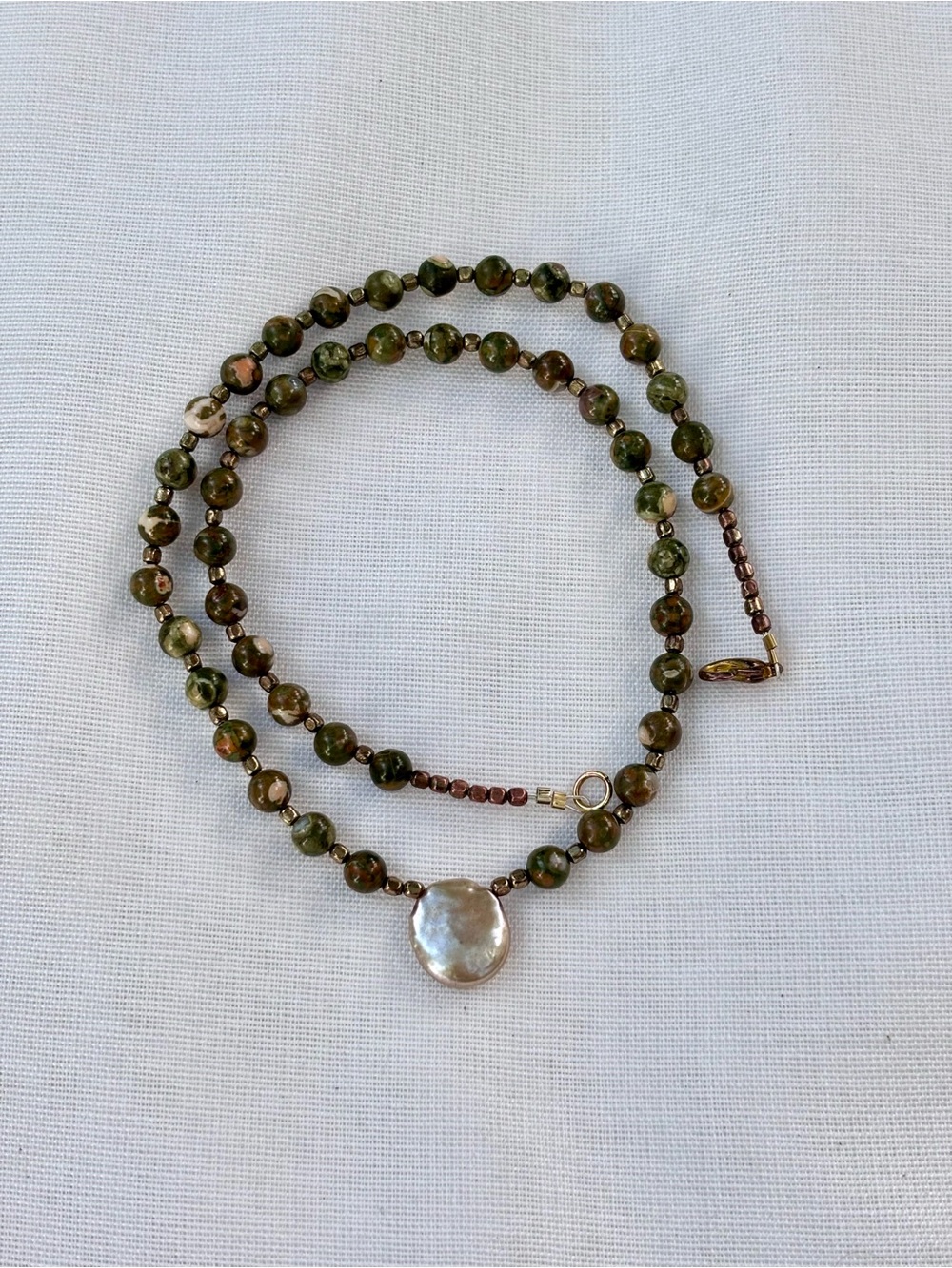 On trend Jasper 6 mm Beaded Necklace, Coin Pearl Pendant, Antique Gold Accents